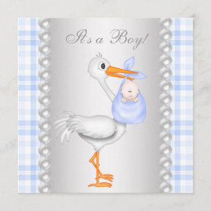 Faire-part de Baby Shower Perles Bleu Gingham Cigo