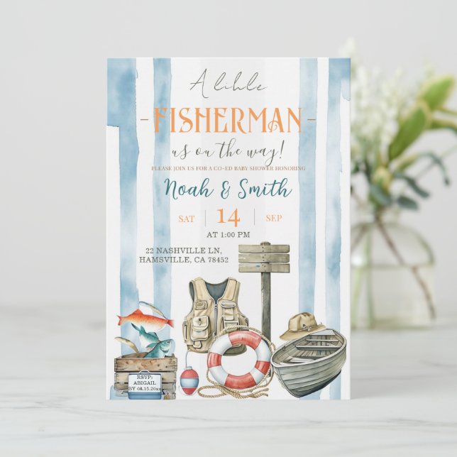 Faire-part de Baby Shower Petit Pêcheur | Rustique (Debout devant)