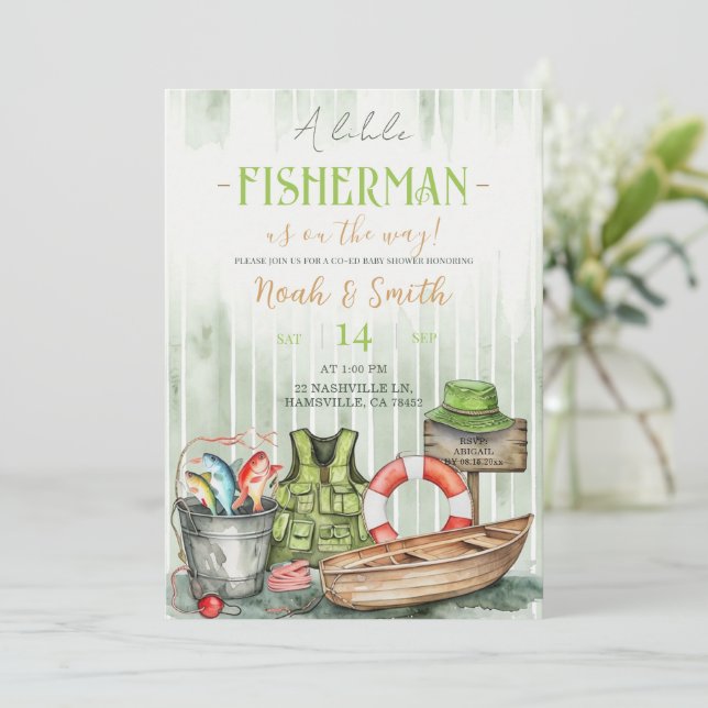 Faire-part de Baby Shower Petit Pêcheur | Vert Ru (Debout devant)