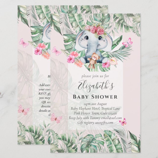Faire-part de Baby Shower pour Bébé Éléphant Fille (Devant / Derrière)
