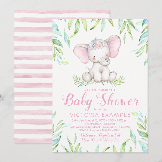 Faire-part de Baby Shower pour Bébé Fille Éléphant (Devant / Derrière)
