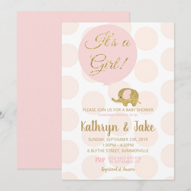 Faire-part de Baby Shower pour Bébé Fille Éléphant (Devant / Derrière)