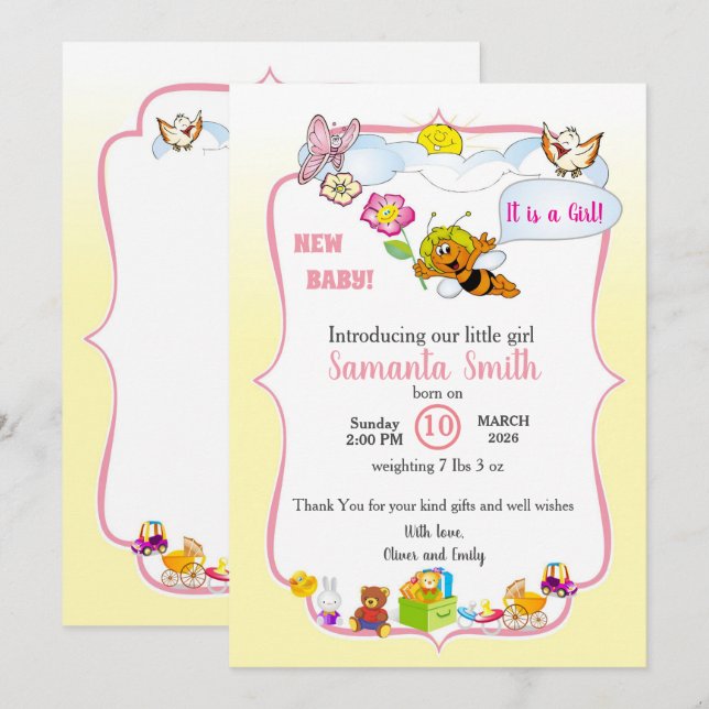 Faire-part de Baby Shower pour Bébé Fille en Thème (Devant / Derrière)
