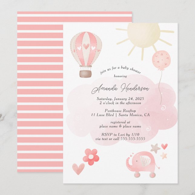 Faire-part de Baby Shower pour Bébé Fille Rose (Devant / Derrière)
