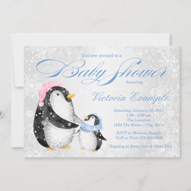 Faire-part de Baby Shower pour bébé garçon Pengiun (Devant)