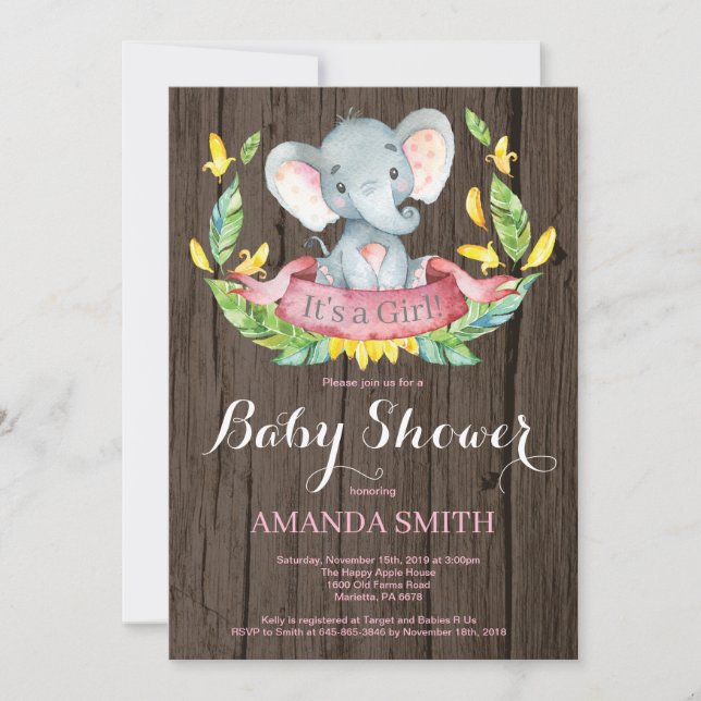Faire-part de Baby Shower pour éléphant - Fille Ru (Devant)