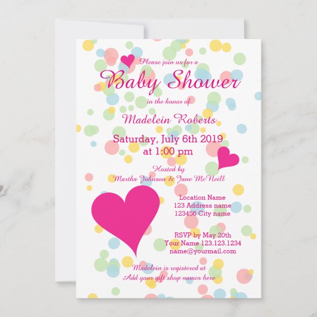 Faire-part de baby shower pour fille avec des poin (Devant)