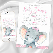 Faire-part de Baby Shower pour Fille avec Éléphant