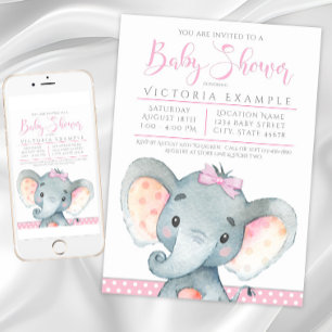 Faire-part de Baby Shower pour Fille avec Éléphant