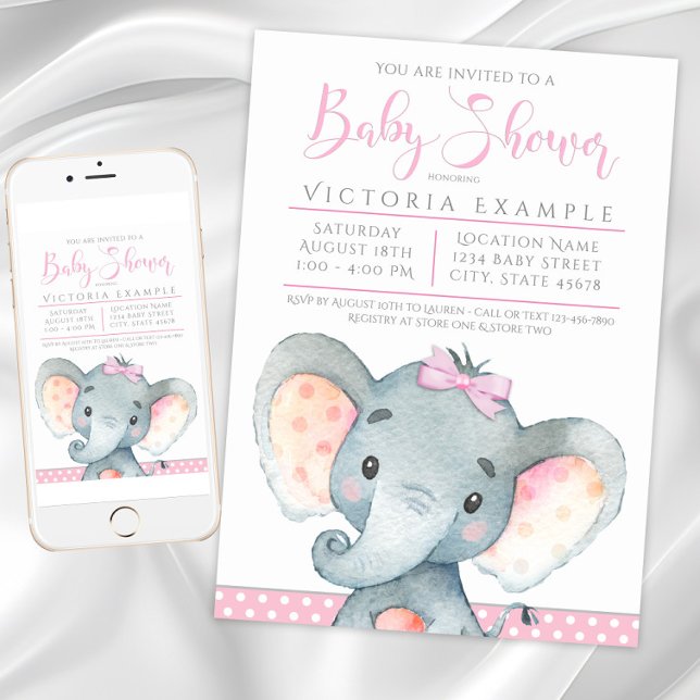 Faire-part de Baby Shower pour Fille avec Éléphant (Girls Elephant Baby Shower Invitations. Instant download and printed invitations available.)
