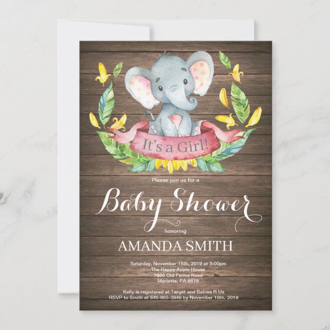 Faire-part de Baby Shower pour fille éléphant Rust (Devant)