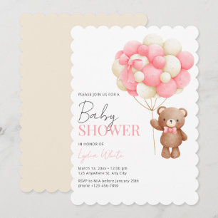 Faire-part de Baby Shower pour fille, Ourson Rose 
