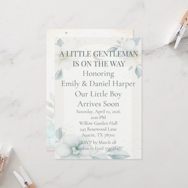 Faire-part de Baby Shower pour garçon au narcisse  (Devant/Arrière en situation)