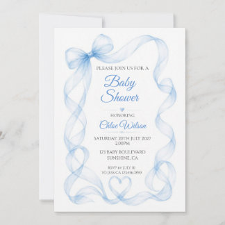 Faire-part de Baby Shower pour garçon au ruban ble