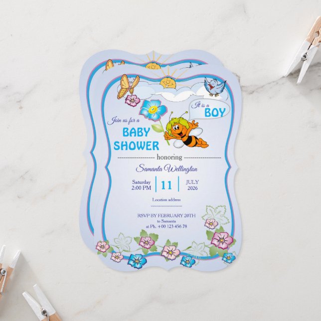 Faire-part de Baby Shower pour garçon avec abeille (Devant/Arrière en situation)