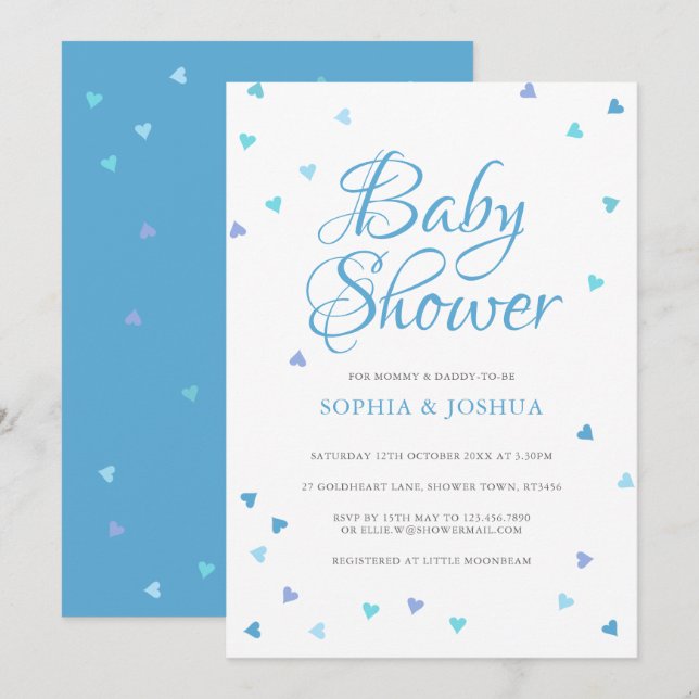 Faire-part de Baby Shower pour Garçon Cœurs Amour  (Devant / Derrière)