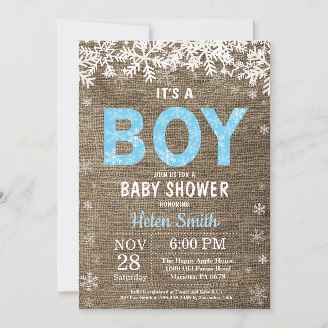 Faire-part de Baby Shower pour garçon en hiver (Devant)