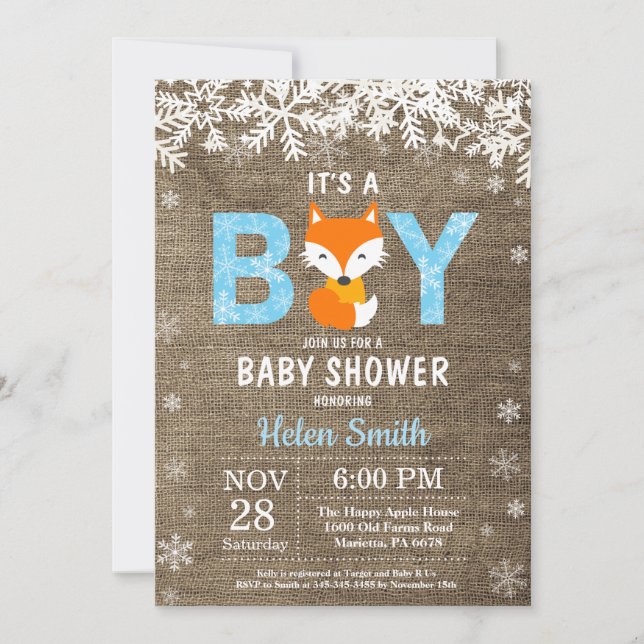Faire-part de Baby Shower pour garçon en hiver ave (Devant)