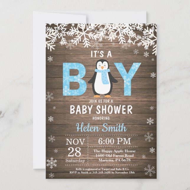 Faire-part de Baby Shower pour garçon, Manchot rus (Devant)