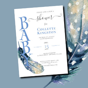 Faire-part de Baby Shower pour garçon, plume bleue