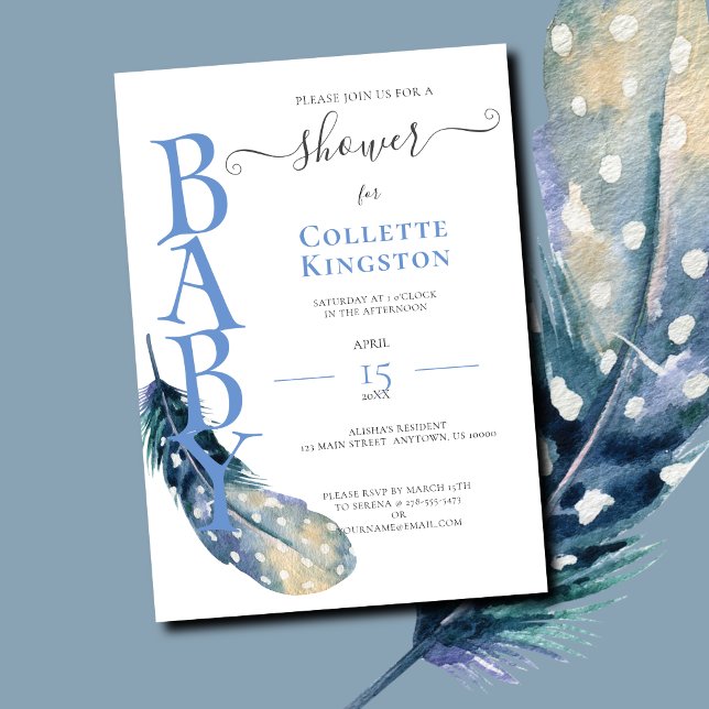 Faire-part de Baby Shower pour garçon, plume bleue (Blue Feather Baby Invitations)