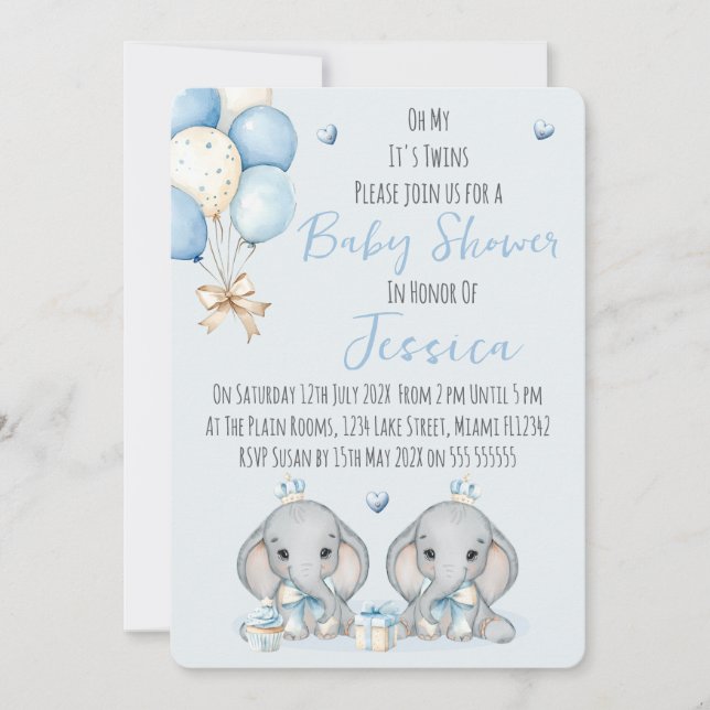 Faire-part de Baby Shower pour jumeaux éléphants g (Devant)