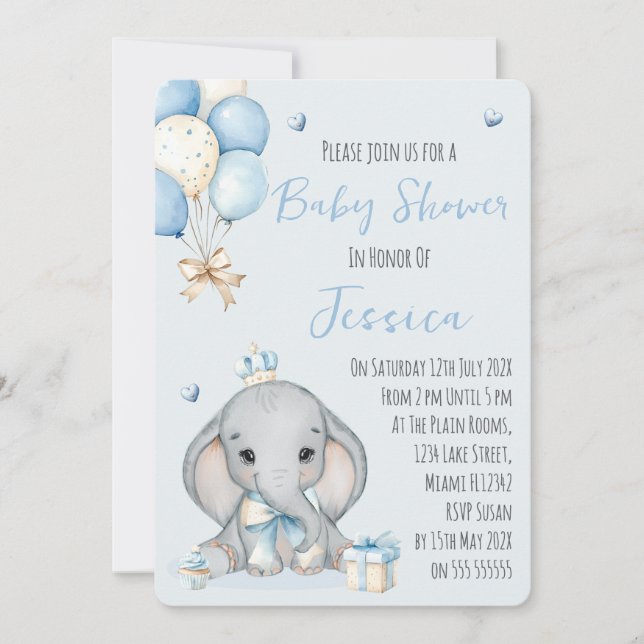 Faire-part de Baby Shower pour Prince Éléphant Gar (Devant)