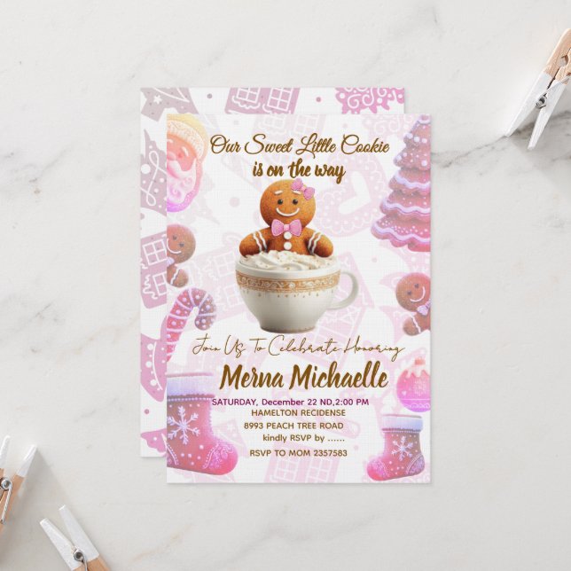 Faire-part de baby shower pour un adorable biscuit (Devant/Arrière en situation)