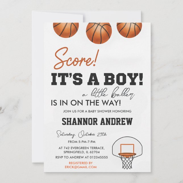 Faire-part de Baby Shower pour un garçon de basket (Devant)