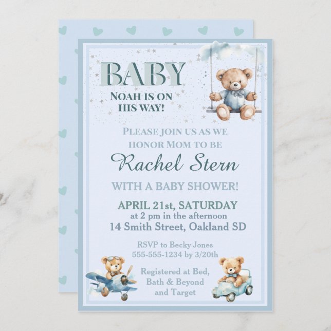 Faire-part de Baby Shower pour un Ourson en Peluch (Devant / Derrière)