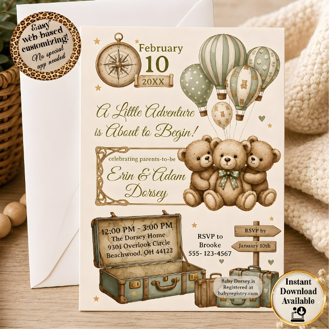 Faire-part de Baby Shower pour une Aventure de Béb (Baby Adventure Baby Shower Invitation)
