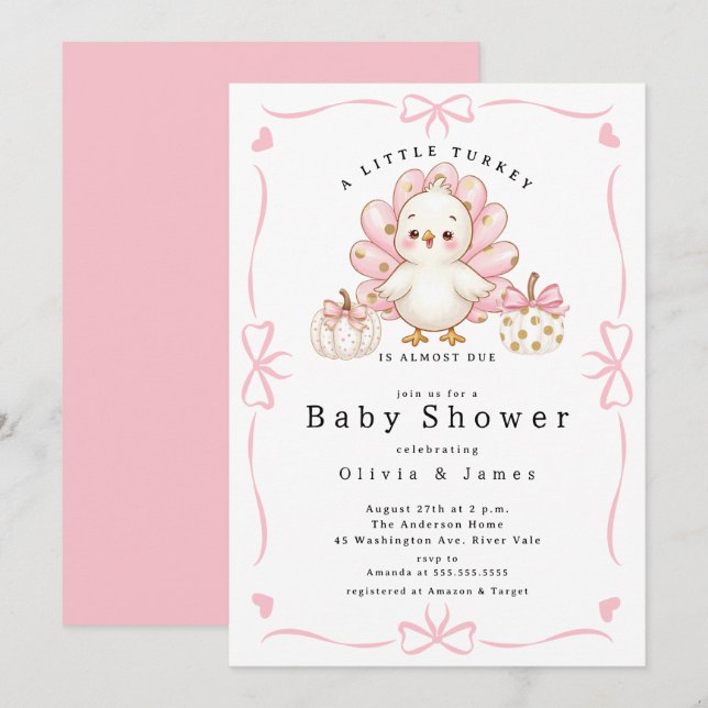 Faire-part de Baby Shower pour une petite dinde ro (Devant / Derrière)