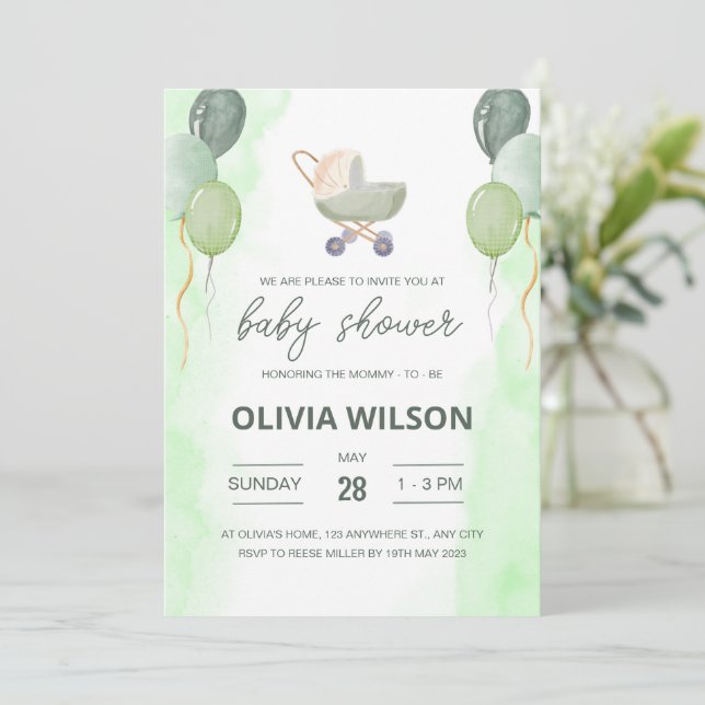 Faire-part de Baby Shower poussette, Bohème Mixte (Debout devant)