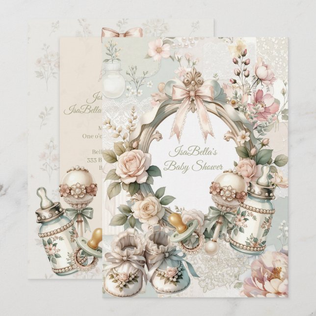 Faire-part de Baby Shower "Première Fleur Élégante (Devant / Derrière)