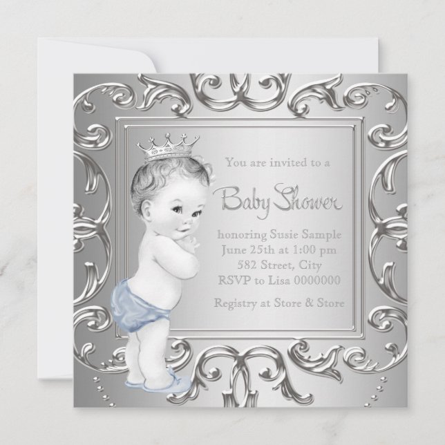 Faire-part de Baby Shower Prince Bleu Argent (Devant)