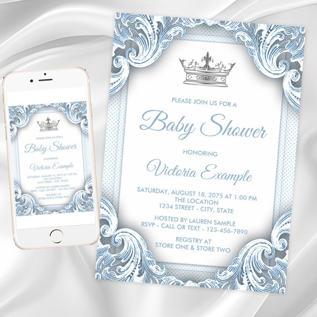 Faire-part de Baby Shower Prince Bleu Argent (Blue Silver Prince Baby Shower Invitations. Instant download and printed invitations available.)