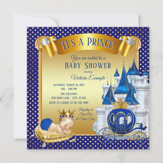 Faire-part de Baby Shower Prince Bleu Or (Devant)
