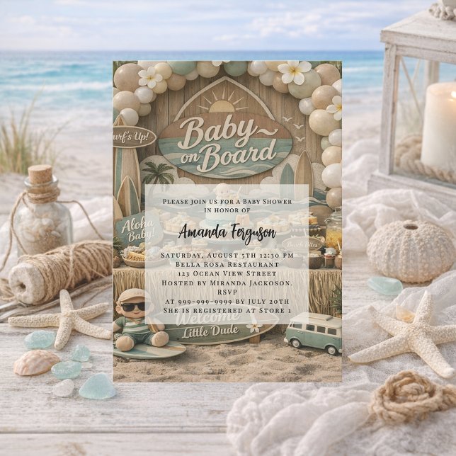 Faire-part de Baby Shower rétro plage « Bébé à bor (Créateur téléchargé)