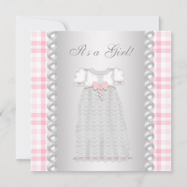 Faire-part de Baby Shower Robe Perles Roses Fille  (Devant)