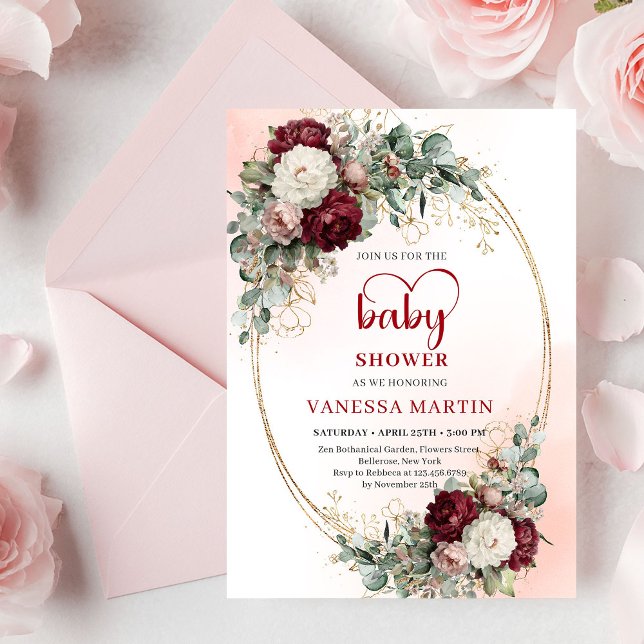 Faire-part de Baby Shower romantique bordeaux flor (Romantic Maroon Floral Gold Baby Shower Invite

)