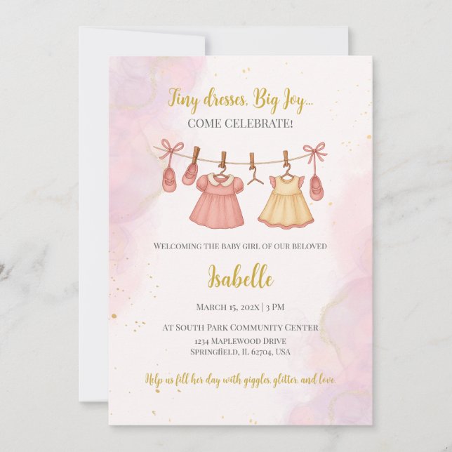 Faire-part de Baby Shower Rose et Or (Devant)