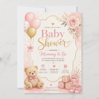 Faire-part de Baby Shower Rose Gold Fille, Aquarel