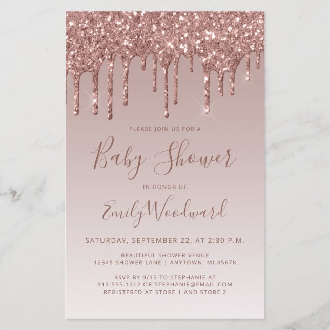 Faire-part de Baby Shower Rose Gold Pailleté Pas C (Devant)