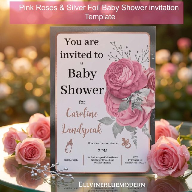 Faire-part de Baby Shower "Roses Roses Roses et Fe (Elegant Pink Roses & Silver Foil Baby Shower Invitation Template, 5” x 7” Card for Mom-to-Be)