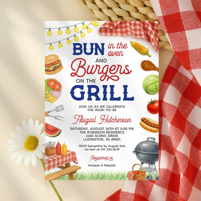 Faire-part de Baby Shower Rouge et Bleu BBQ (Red and Blue Blue BBQ Baby Shower Invitation)
