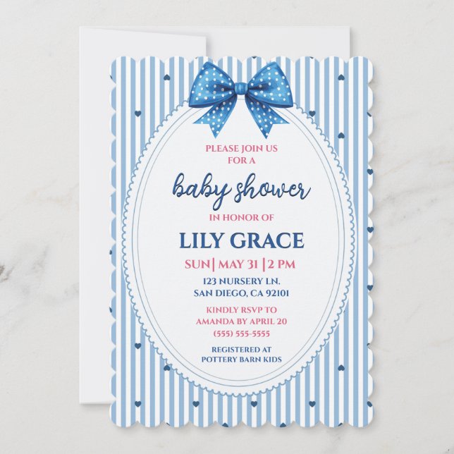 Faire-part de baby shower Ruban Bleu & Cœurs (Devant)