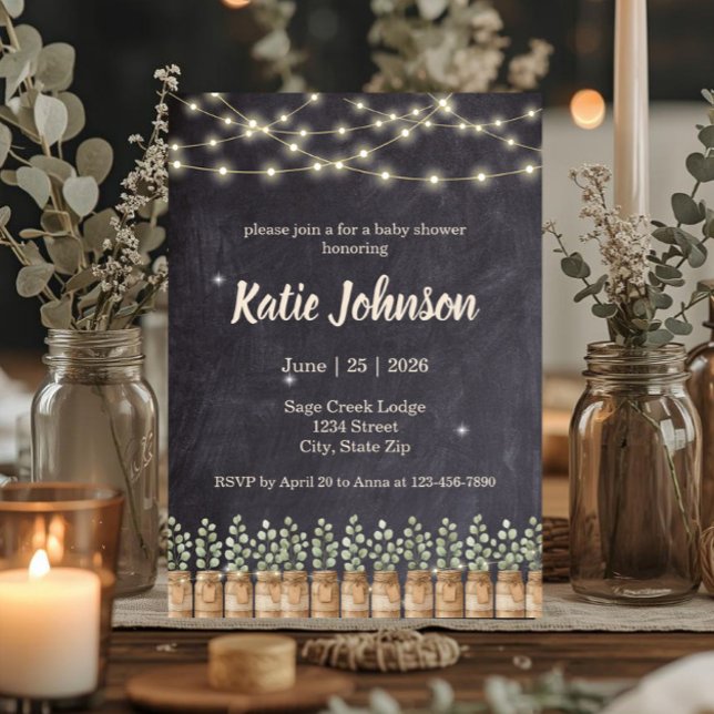 Faire-Part de Baby Shower Rustique avec Pot Mason  (Rustic chalkboard baby shower invite with mason jars, greenery & string lights for woodland themes)