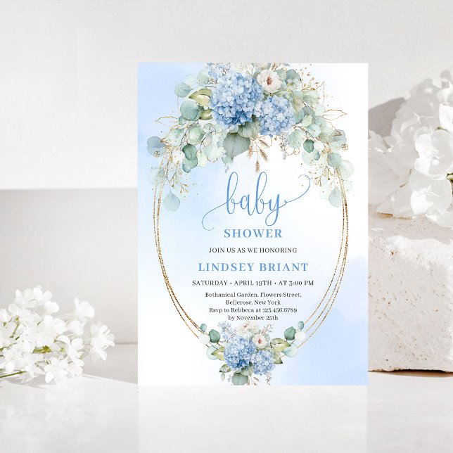 Faire-part de Baby Shower Rustique Bohème avec Hyd (Rustic Bohemian Blue Hydrangeas Baby Shower Invite)