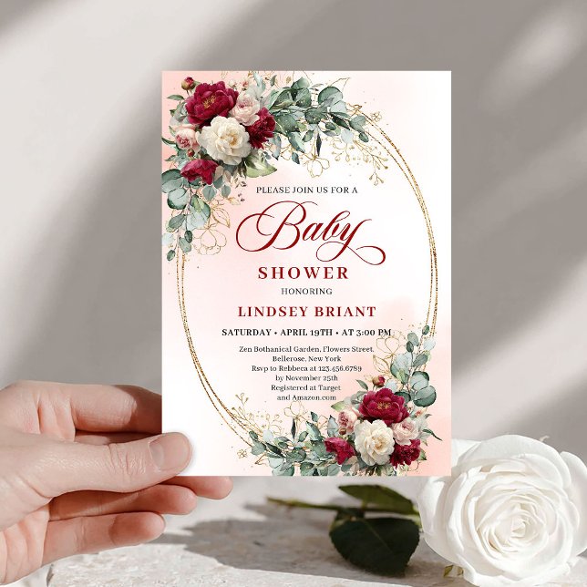 Faire-part de Baby Shower Rustique Bourgogne Pivoi (Rustic Burgundy Peony Gold Baby Shower Invite)