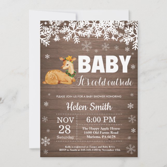Faire-part de Baby Shower Rustique Cerf Hiver (Devant)